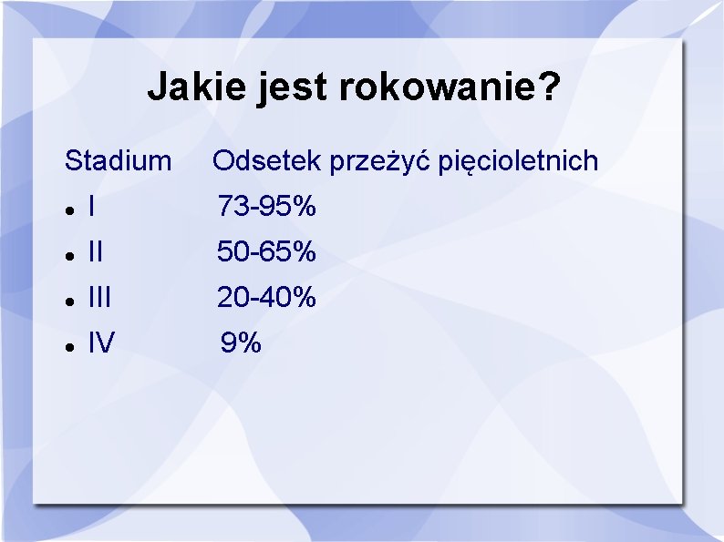 Jakie jest rokowanie? Stadium Odsetek przeżyć pięcioletnich I 73 -95% II 50 -65% III