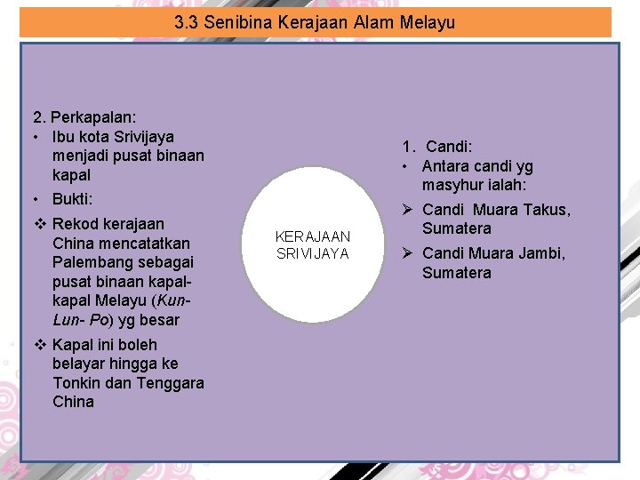 3. 3 Senibina Kerajaan Alam Melayu 2. Perkapalan: • Ibu kota Srivijaya menjadi pusat