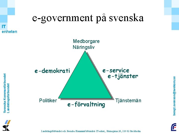 e-government på svenska IT enheten e-demokrati Politiker e-service e-tjänster e-förvaltning Tjänstemän Landstingsförbundet och Svenska