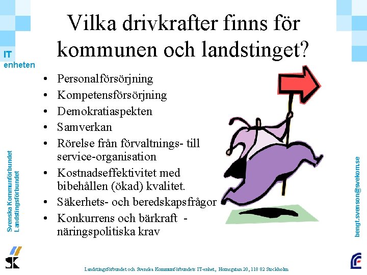 Vilka drivkrafter finns för kommunen och landstinget? IT enheten Personalförsörjning Kompetensförsörjning Demokratiaspekten Samverkan Rörelse