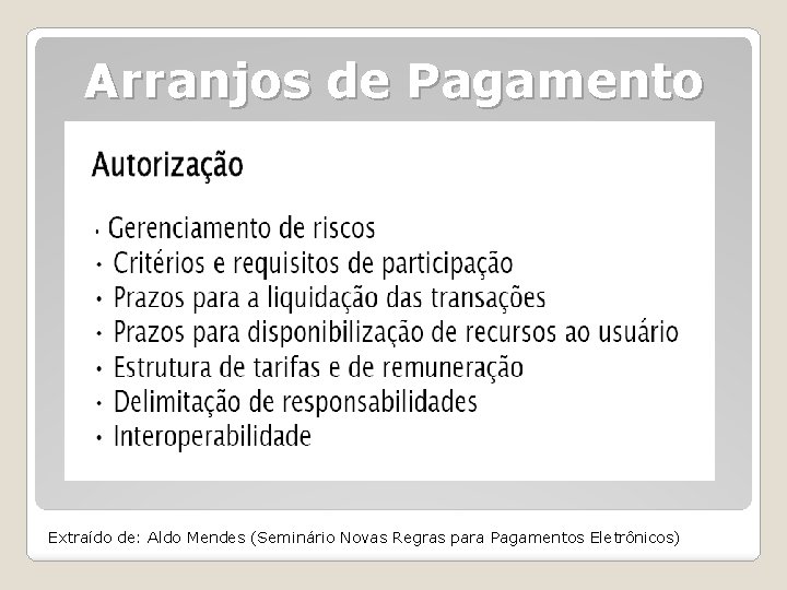 Arranjos de Pagamento Extraído de: Aldo Mendes (Seminário Novas Regras para Pagamentos Eletrônicos) 