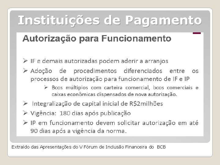 Instituições de Pagamento Extraído das Apresentações do V Fórum de Inclusão Financeira do BCB