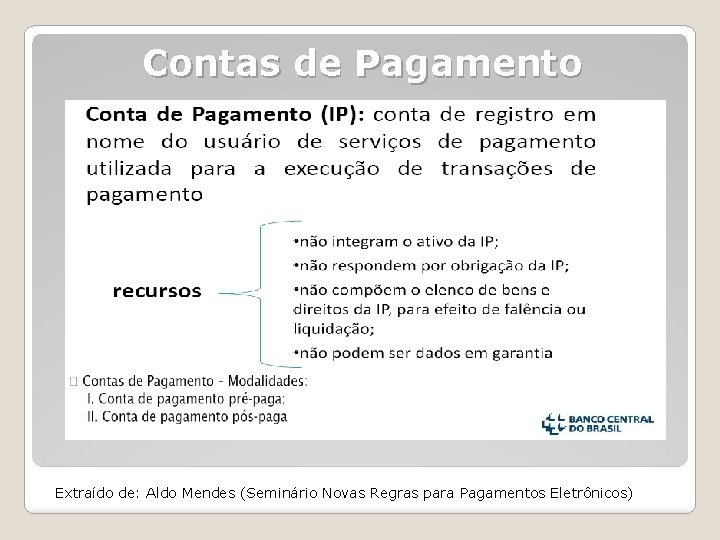 Contas de Pagamento Extraído de: Aldo Mendes (Seminário Novas Regras para Pagamentos Eletrônicos) 