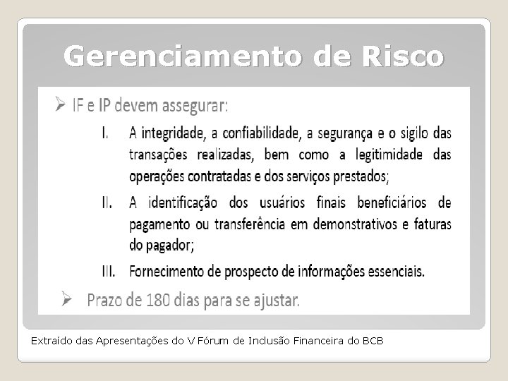 Gerenciamento de Risco Extraído das Apresentações do V Fórum de Inclusão Financeira do BCB