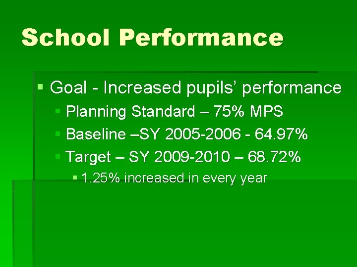 School Performance § Goal - Increased pupils’ performance § Planning Standard – 75% MPS