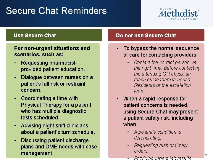 Secure Chat Reminders Use Secure Chat Do not use Secure Chat For non-urgent situations