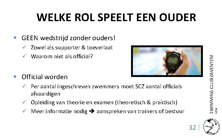 WELKE ROL SPEELT EEN OUDER § GEEN wedstrijd zonder ouders! SWIMMING CLUB ZAVENTEM ü