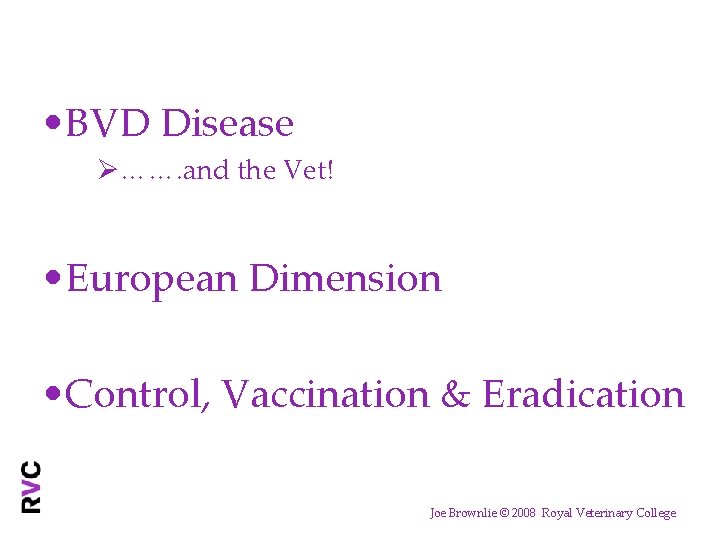  • BVD Disease Ø……. and the Vet! • European Dimension • Control, Vaccination