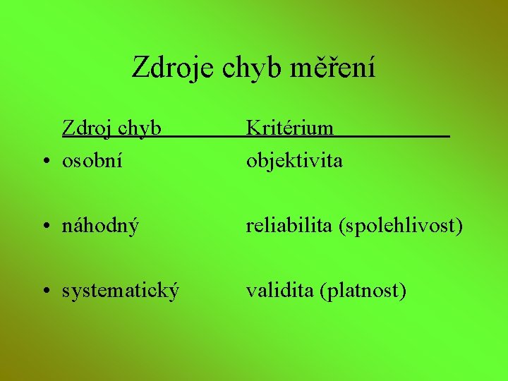 Zdroje chyb měření Zdroj chyb • osobní Kritérium objektivita • náhodný reliabilita (spolehlivost) •