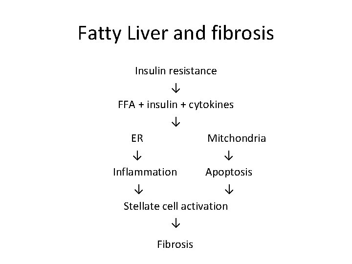 Fatty Liver and fibrosis Insulin resistance ↓ FFA + insulin + cytokines ↓ ER