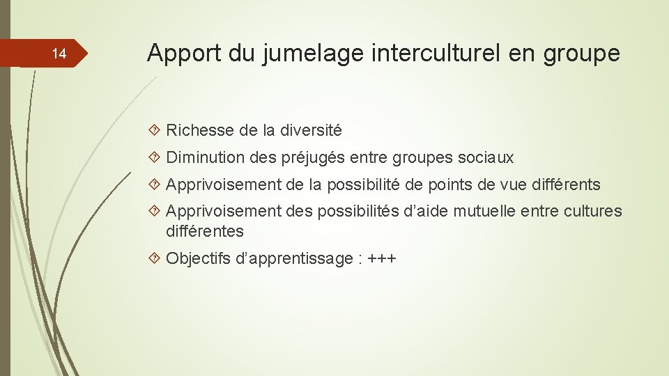 14 Apport du jumelage interculturel en groupe Richesse de la diversité Diminution des préjugés