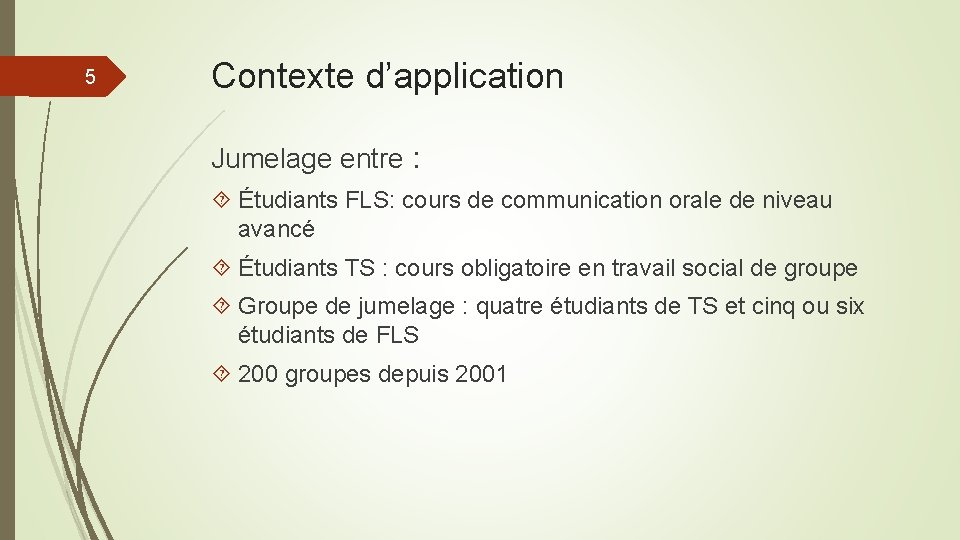 5 Contexte d’application Jumelage entre : Étudiants FLS: cours de communication orale de niveau