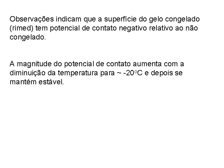 Observações indicam que a superfície do gelo congelado (rimed) tem potencial de contato negativo