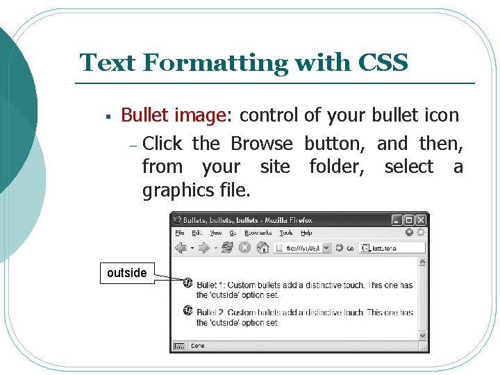 Text Formatting with CSS § Bullet image: control of your bullet icon - Click Text Formatting with CSS § Bullet image: control of your bullet icon - Click