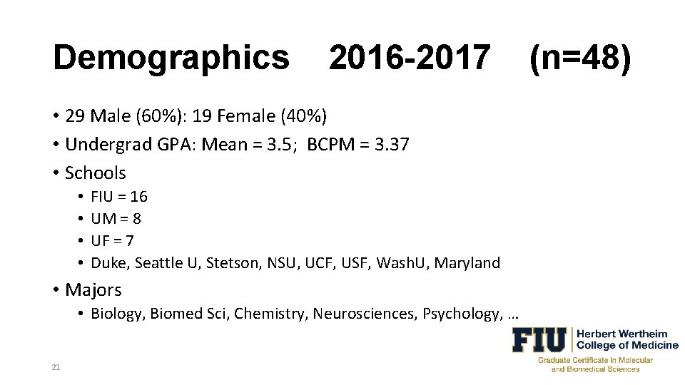 Demographics 2016 -2017 • 29 Male (60%): 19 Female (40%) • Undergrad GPA: Mean