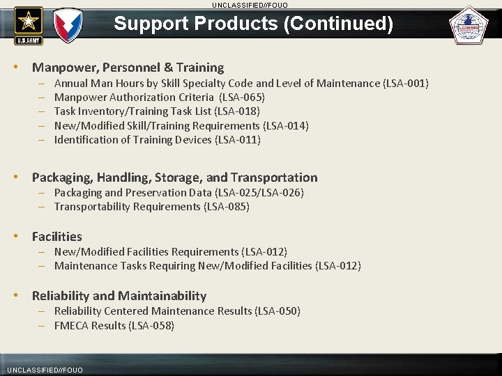 UNCLASSIFIED//FOUO Support Products (Continued) • Manpower, Personnel & Training – – – Annual Man