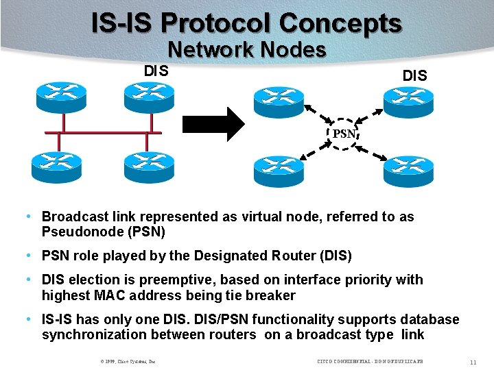 IS-IS Protocol Concepts Network Nodes DIS PSN • Broadcast link represented as virtual node,