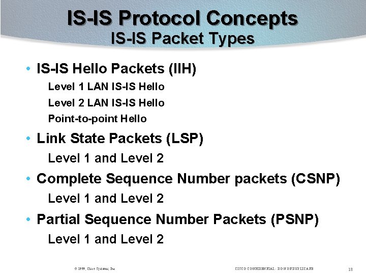 IS-IS Protocol Concepts IS-IS Packet Types • IS-IS Hello Packets (IIH) Level 1 LAN