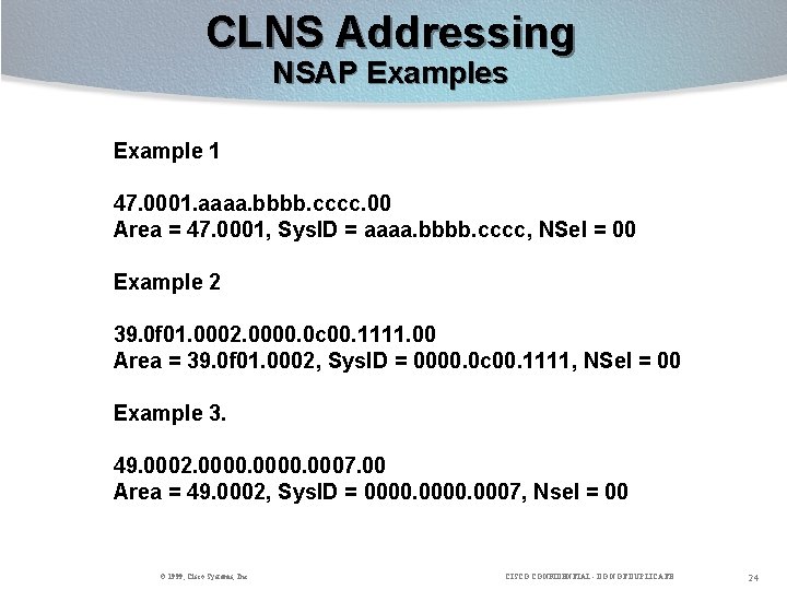 CLNS Addressing NSAP Examples Example 1 47. 0001. aaaa. bbbb. cccc. 00 Area =