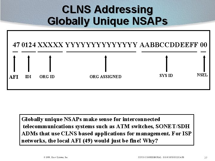 CLNS Addressing Globally Unique NSAPs 47 0124 XXXXX YYYYYYY AABBCCDDEEFF 00 AFI IDI ORG