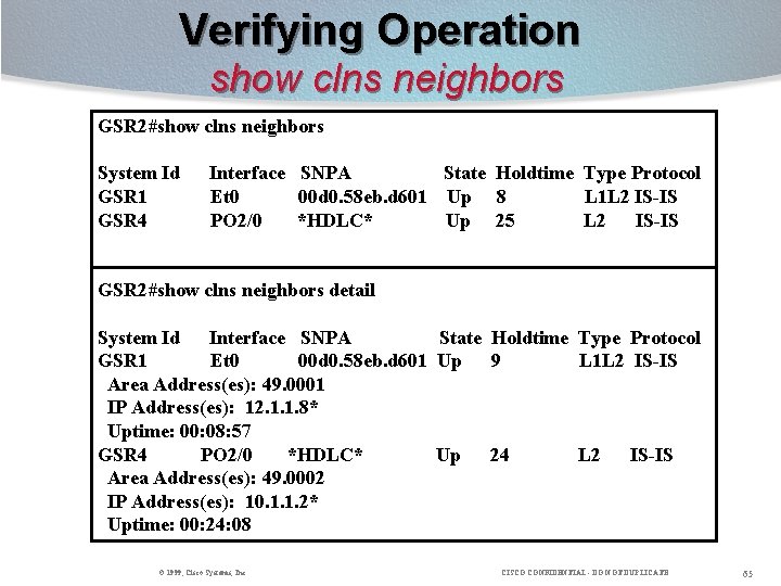 Verifying Operation show clns neighbors GSR 2#show clns neighbors System Id GSR 1 GSR