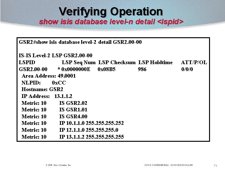 Verifying Operation show isis database level-n detail <lspid> GSR 2#show isis database level-2 detail