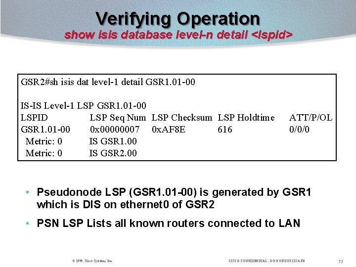 Verifying Operation show isis database level-n detail <lspid> GSR 2#sh isis dat level-1 detail