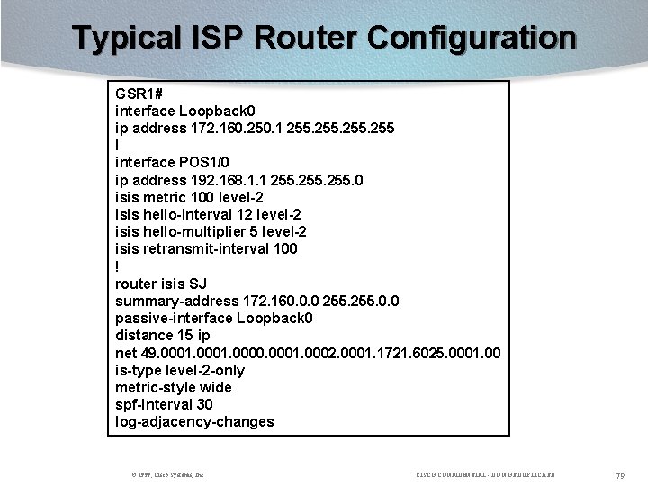 Typical ISP Router Configuration GSR 1# interface Loopback 0 ip address 172. 160. 250.