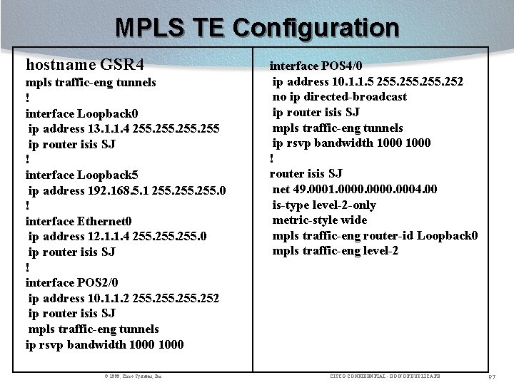 MPLS TE Configuration hostname GSR 4 mpls traffic-eng tunnels ! interface Loopback 0 ip