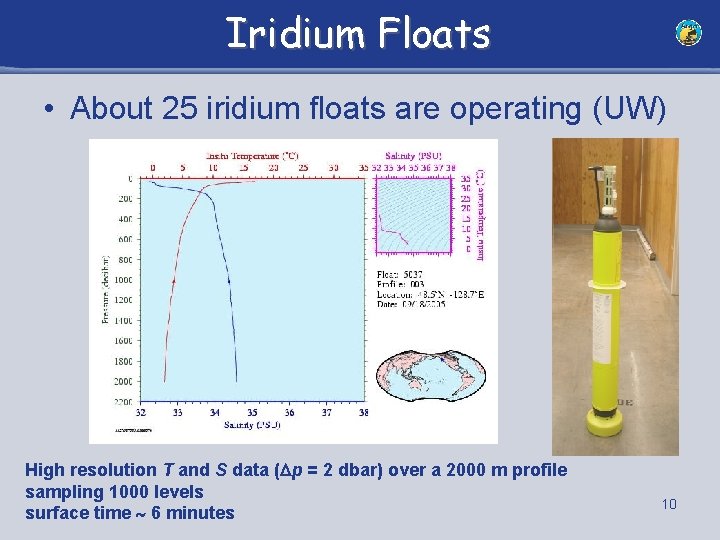 Iridium Floats • About 25 iridium floats are operating (UW) High resolution T and