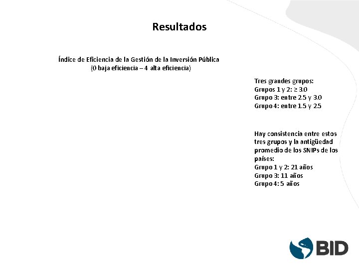 Resultados Índice de Eficiencia de la Gestión de la Inversión Pública (0 baja eficiencia