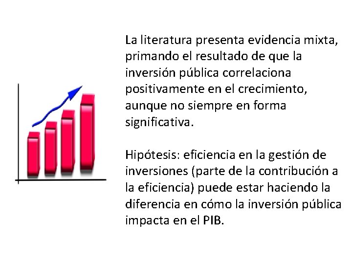 La literatura presenta evidencia mixta, primando el resultado de que la inversión pública correlaciona