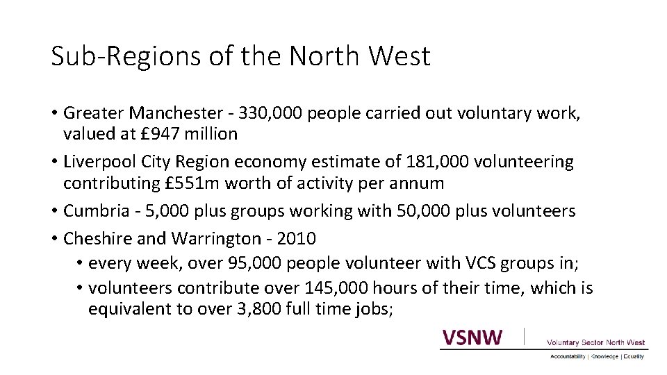 Sub-Regions of the North West • Greater Manchester - 330, 000 people carried out