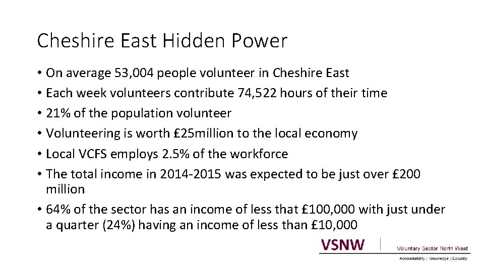 Cheshire East Hidden Power • On average 53, 004 people volunteer in Cheshire East