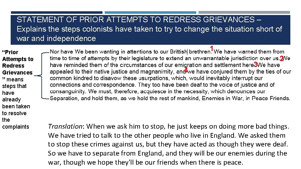 STATEMENT OF PRIOR ATTEMPTS TO REDRESS GRIEVANCES – Explains the steps colonists have taken