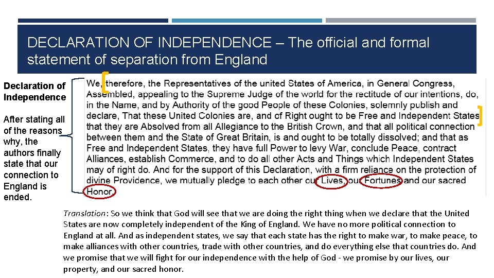 DECLARATION OF INDEPENDENCE – The official and formal statement of separation from England Declaration