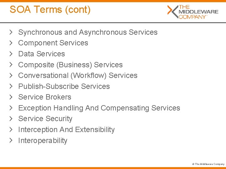 SOA Terms (cont) Synchronous and Asynchronous Services Component Services Data Services Composite (Business) Services