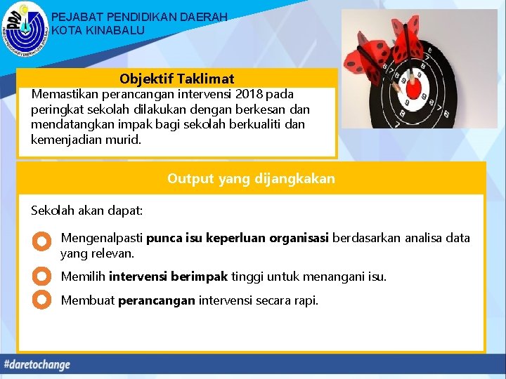 PEJABAT PENDIDIKAN DAERAH KOTA KINABALU Objektif Taklimat Memastikan perancangan intervensi 2018 pada peringkat sekolah