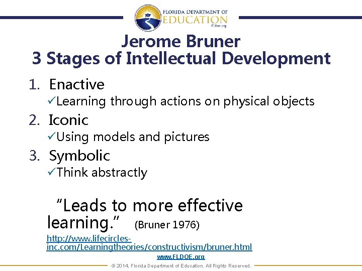 Jerome Bruner 3 Stages of Intellectual Development 1. Enactive üLearning through actions on physical