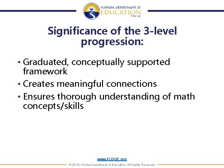 Significance of the 3 -level progression: • Graduated, conceptually supported framework • Creates meaningful
