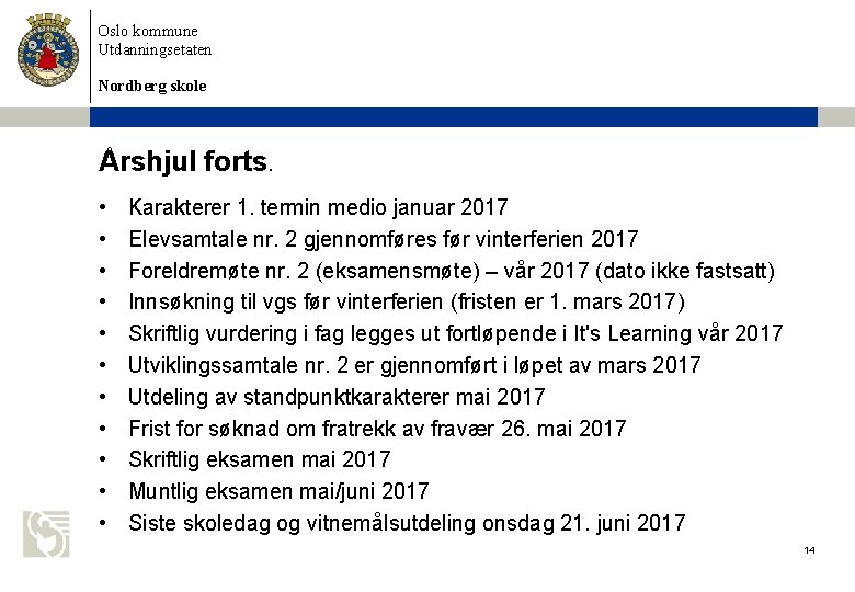 Oslo kommune Utdanningsetaten Nordberg skole Årshjul forts. • • • Karakterer 1. termin medio
