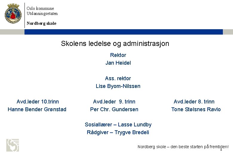 Oslo kommune Utdanningsetaten Nordberg skole Skolens ledelse og administrasjon Rektor Jan Heidel Ass. rektor