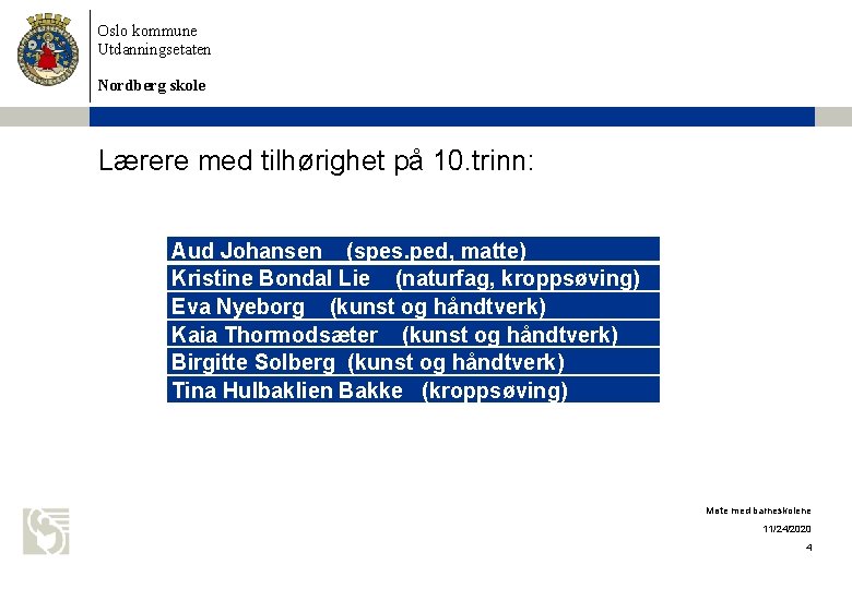 Oslo kommune Utdanningsetaten Nordberg skole Lærere med tilhørighet på 10. trinn: Aud Johansen (spes.