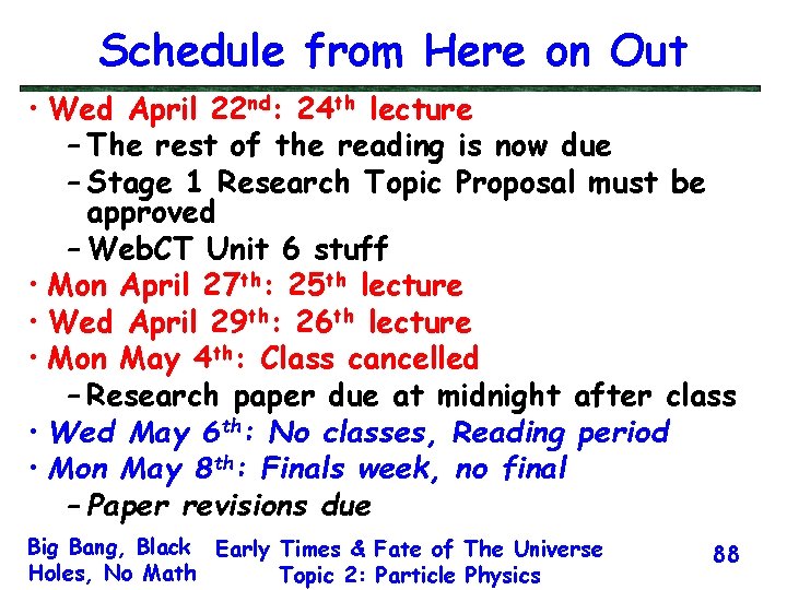 Schedule from Here on Out • Wed April 22 nd: 24 th lecture –