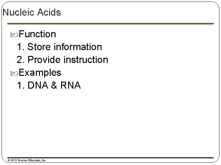 Nucleic Acids Function 1. Store information 2. Provide instruction Examples 1. DNA & RNA