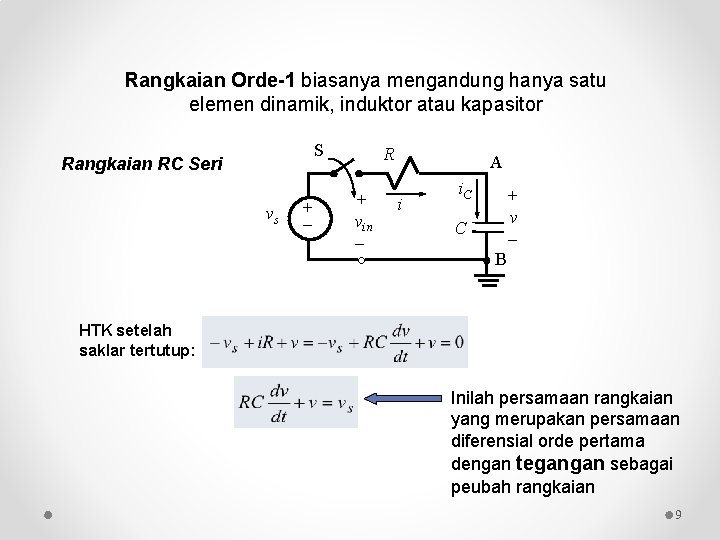 Rangkaian Orde-1 biasanya mengandung hanya satu elemen dinamik, induktor atau kapasitor S Rangkaian RC