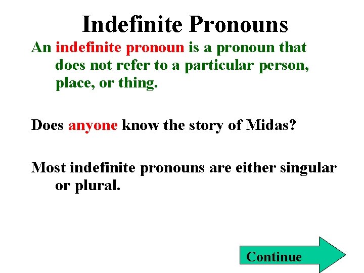 Indefinite Pronouns An indefinite pronoun is a pronoun that does not refer to a