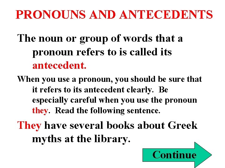 PRONOUNS AND ANTECEDENTS The noun or group of words that a pronoun refers to