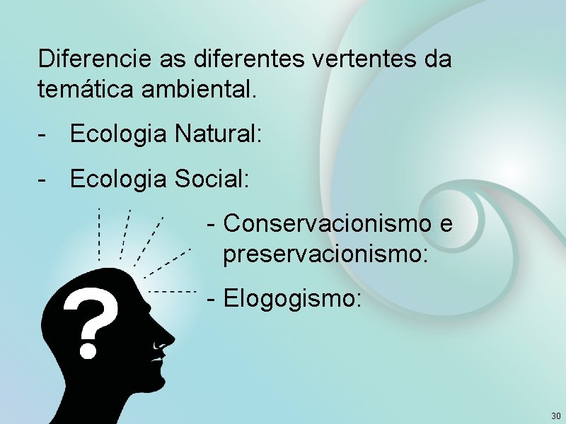 Diferencie as diferentes vertentes da temática ambiental. - Ecologia Natural: - Ecologia Social: -
