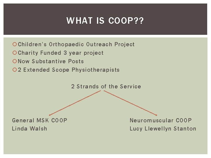 WHAT IS COOP? ? Children’s Orthopaedic Outreach Project Charity Funded 3 year project Now